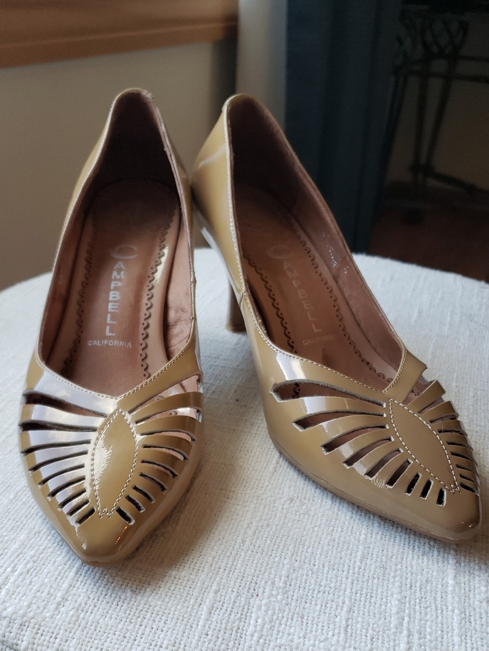 Women's Vintage Insp Jeffrey Campbell Ibiza Vent Tan Patent Cutout Pumps